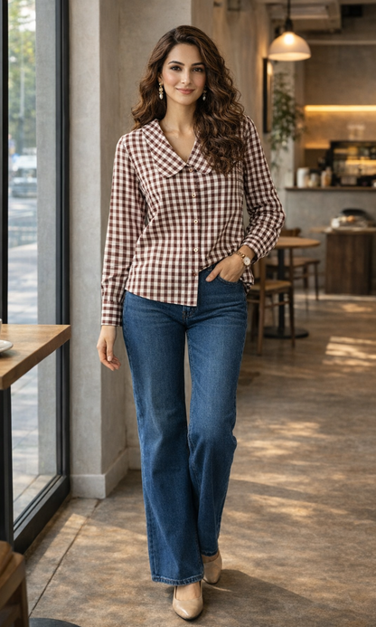 Wine Gingham-Check Peter Pan Collared Shirt