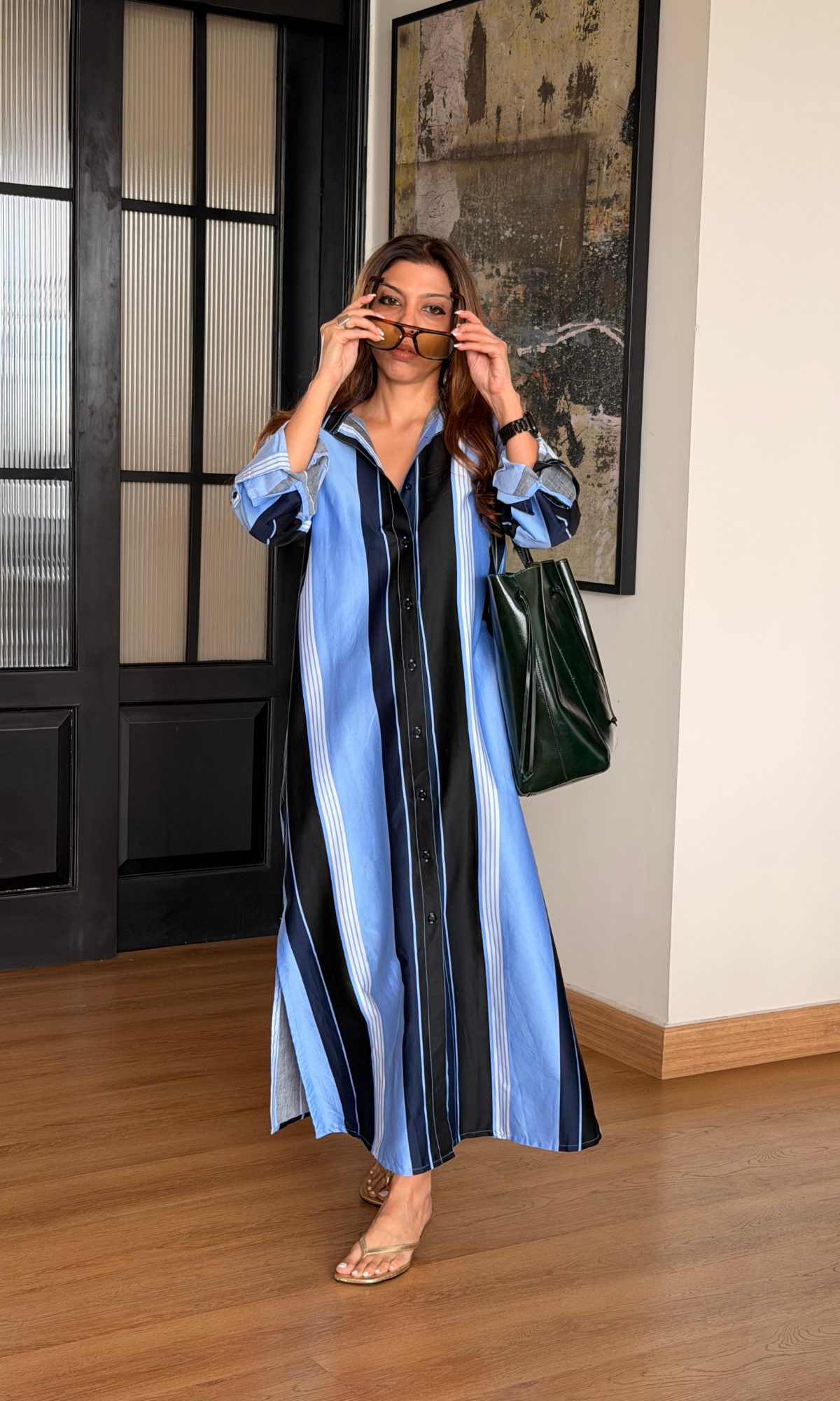 Navy Barcode Striped Shirt Dress