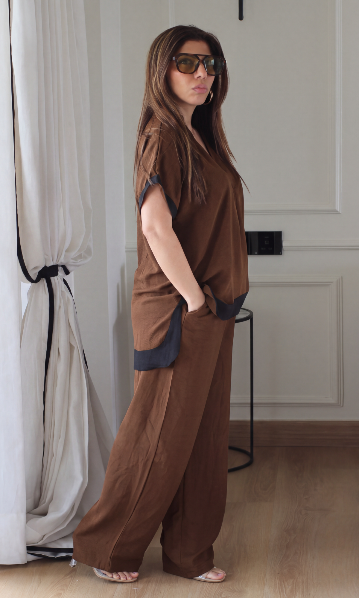 Brown Contrast High-Low Hem Co-ord