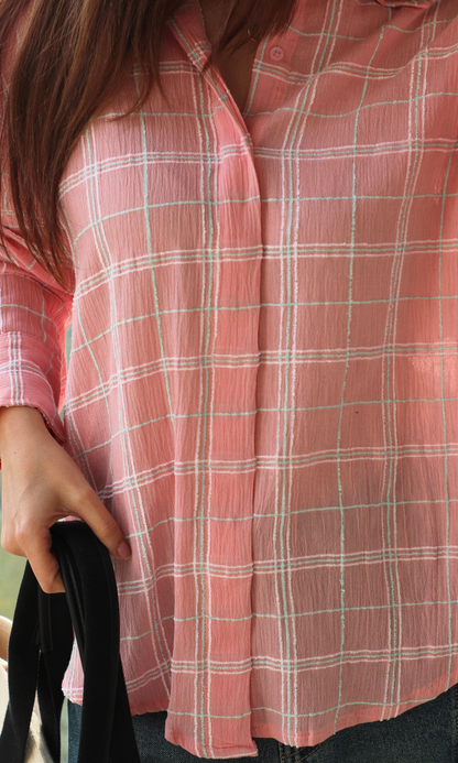 Pink Crinkled Checked Shirt