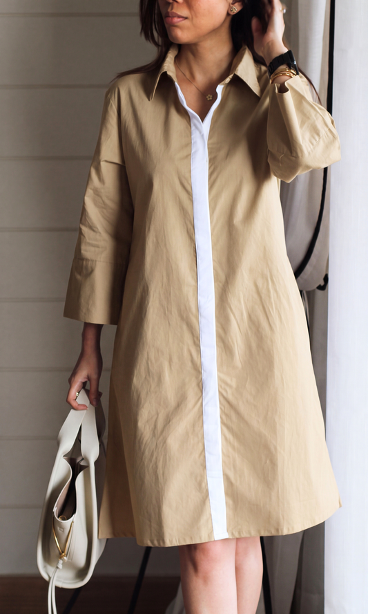 Sand Contrast Placket Poplin Dress