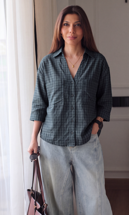 Charcoal Grey Gingham Loose Shirt