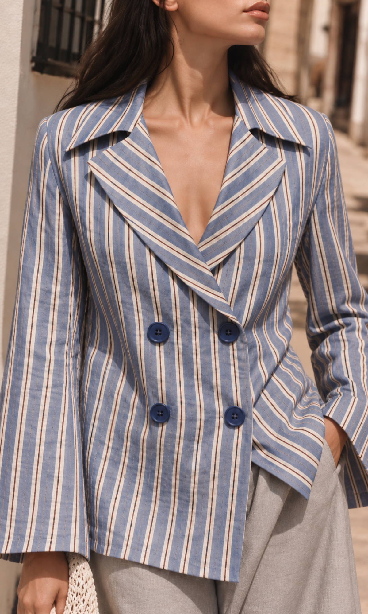 French Blue Stripe Double-Breasted Shacket