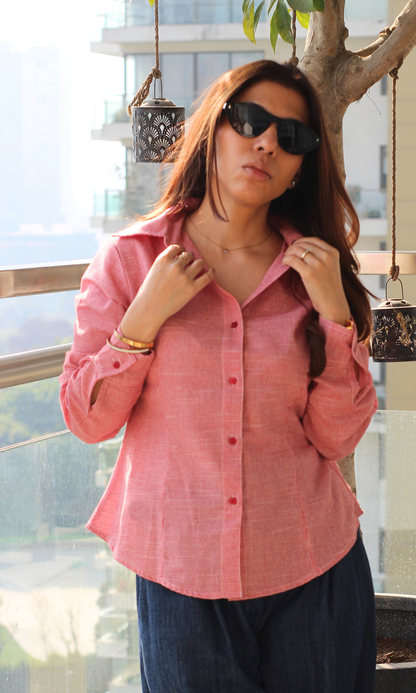 Coral Micro-Check Peplum Shirt