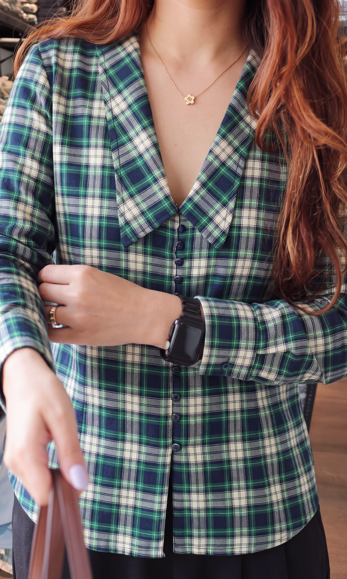 Green Tartan Oversized Collar Shirt