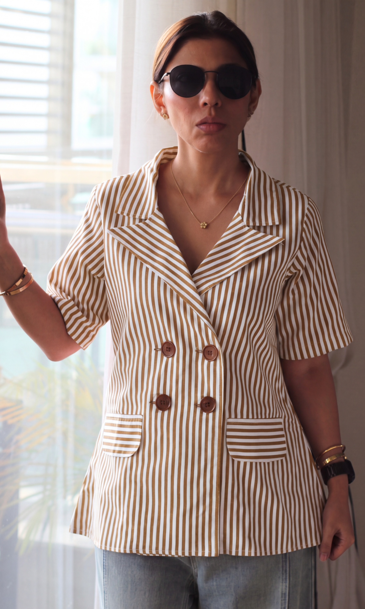 Camel Stripe Half-Sleeve Blazer