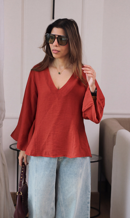 Red V-Neck Peplum Top