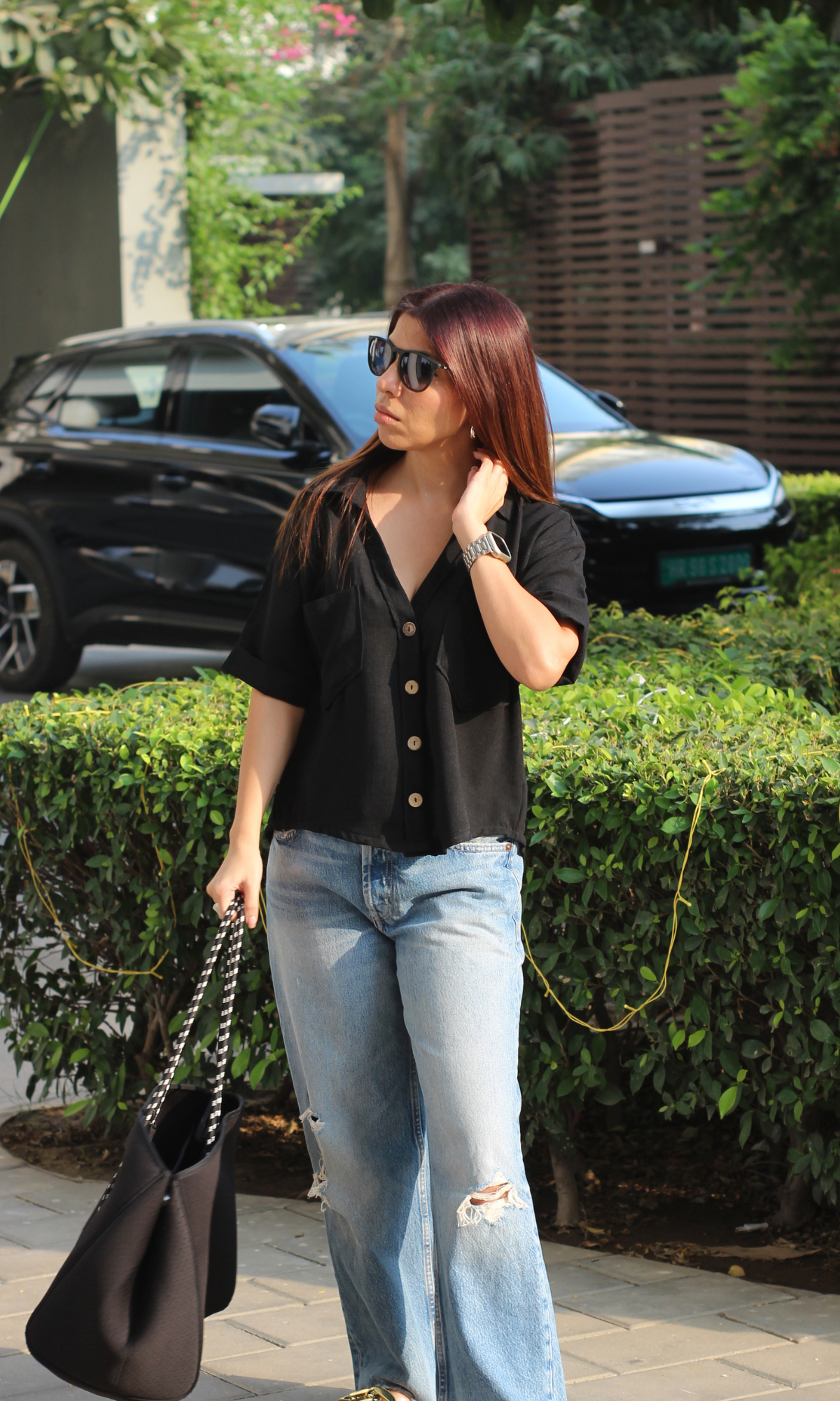 Black Textured Cropped Shirt