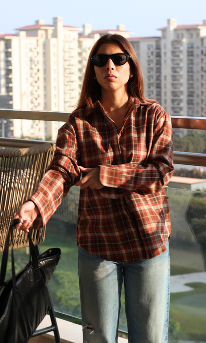 Brown Orange Plaid Checked Shirt