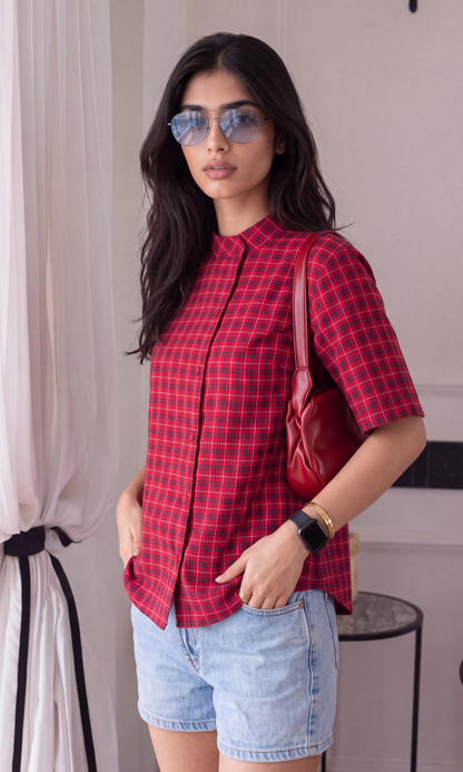 Red Check Mandarin Collar Shirt