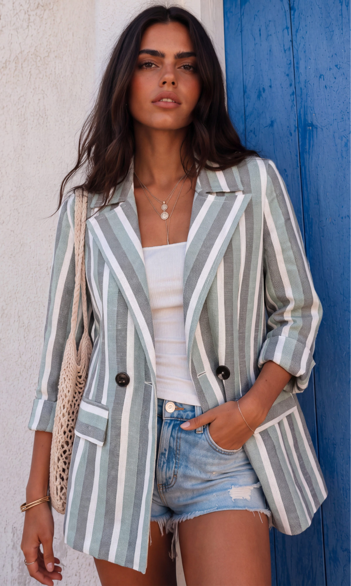 Moss Stripe Double-Breasted Blazer