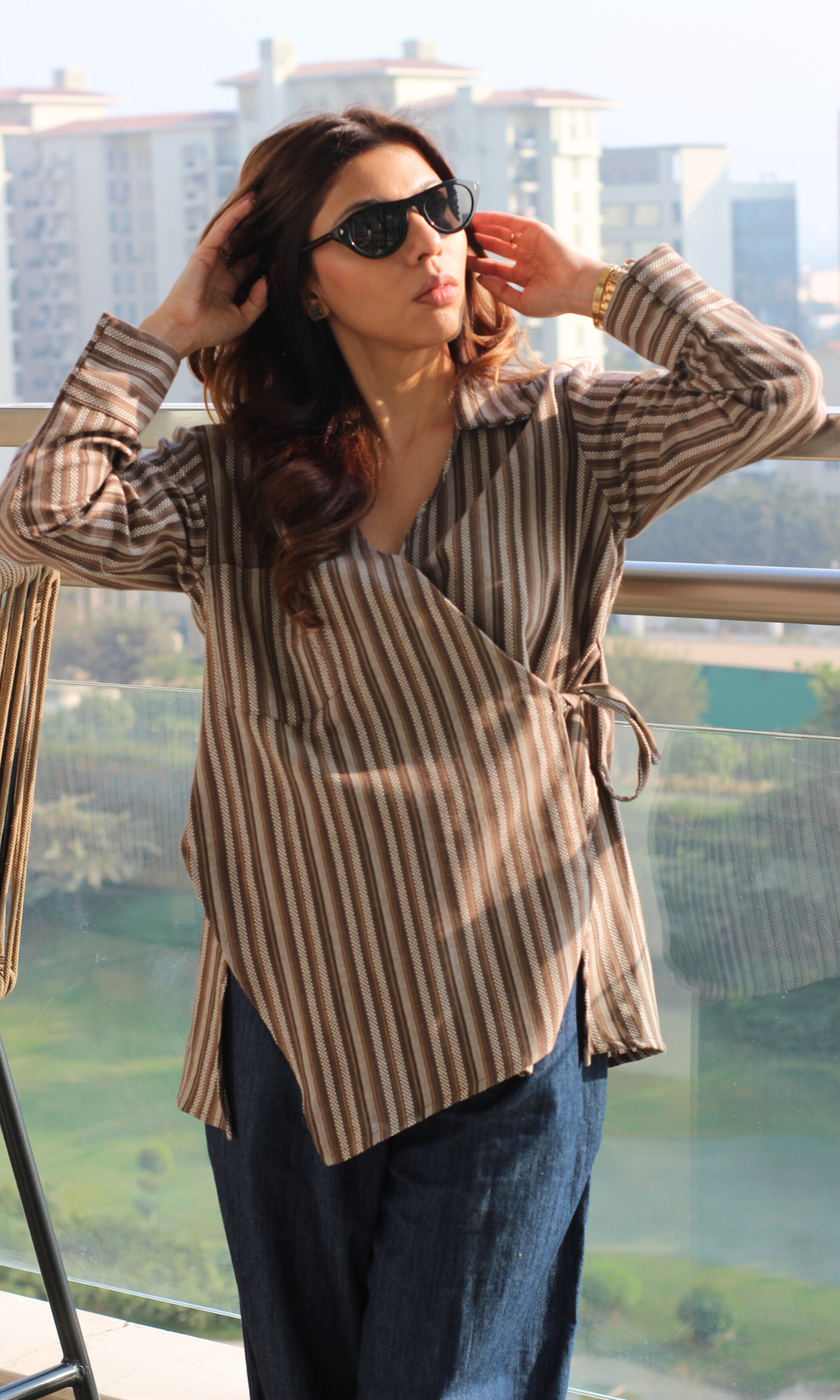 Cocoa Weaved Cuts Detail Kimono Top