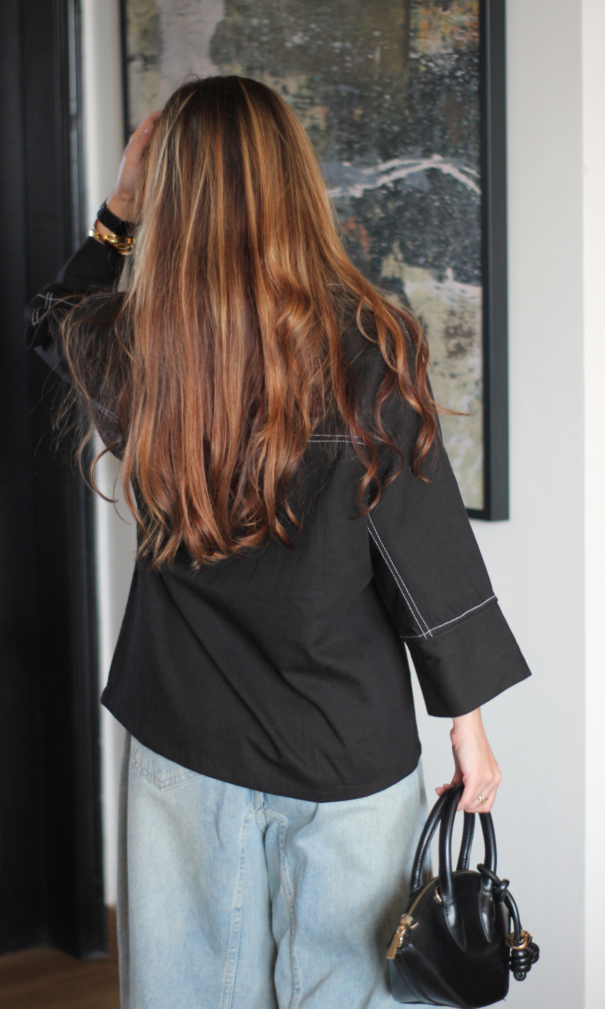 Clean Black Denim Topstitch Detail Shirt