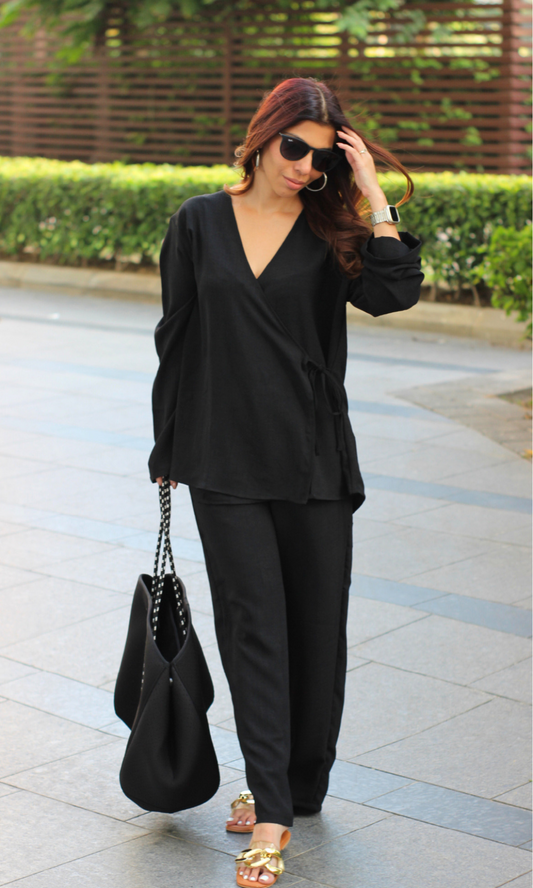 Black Textured Tie Detail Kimono Top with Pants Co-ord