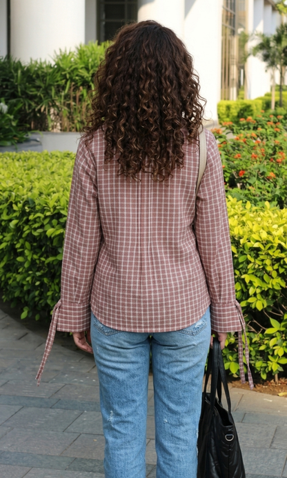 Rose Checked String Detail Cotton Shirt