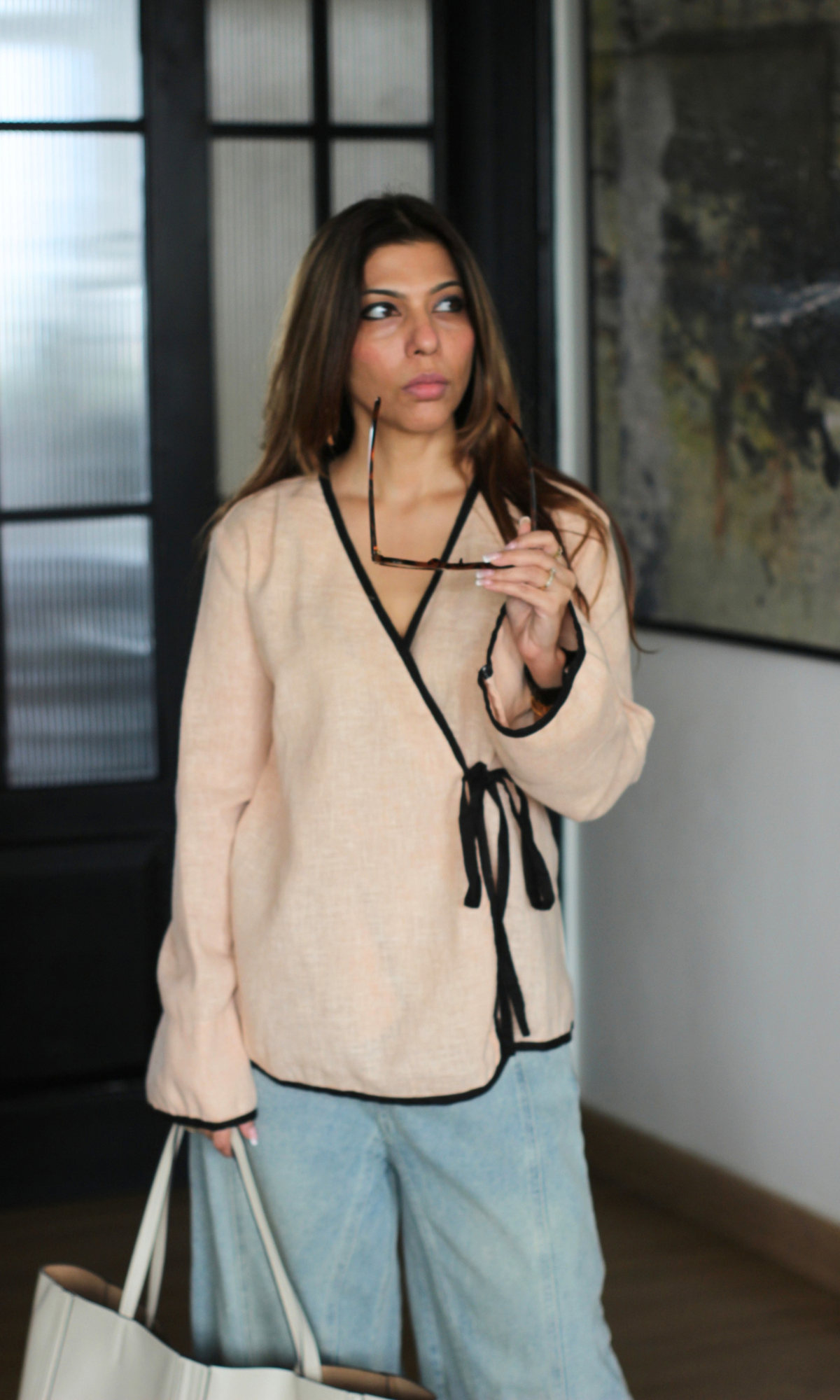 Cream Contrast-Trim Tie Kimono Top