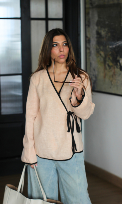 Cream Contrast-Trim Tie Kimono Top
