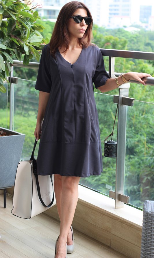 Steel Blue Zip Detail Flared Dress