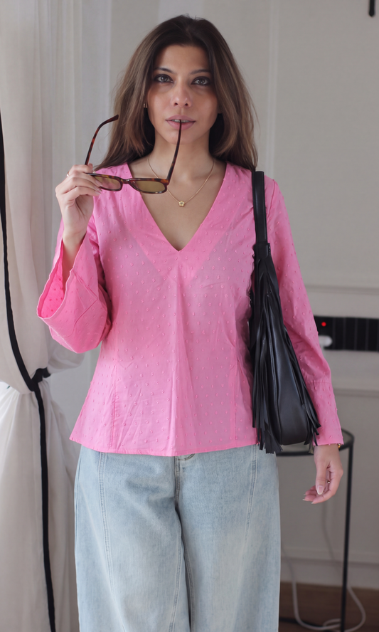 Pink Swiss Dot V-Neck Peplum Top