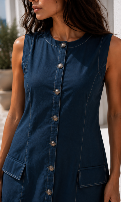 Petrol Blue Denim Button-Front Mini Dress