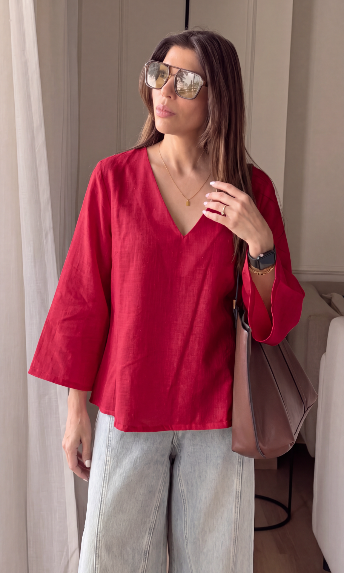 Raspberry Linen V-Neck Peplum Top