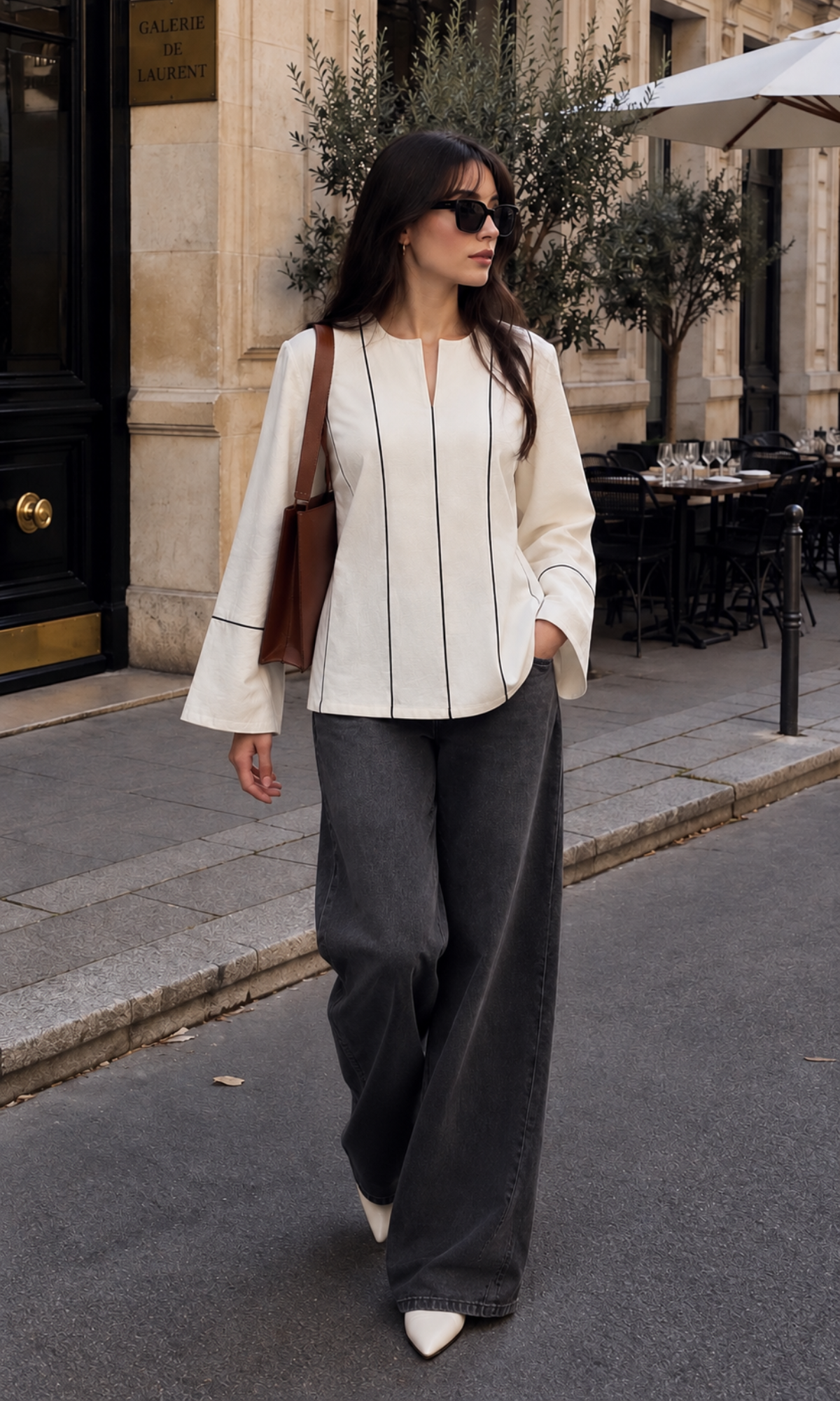 Contrast-Piped Ivory Blouse