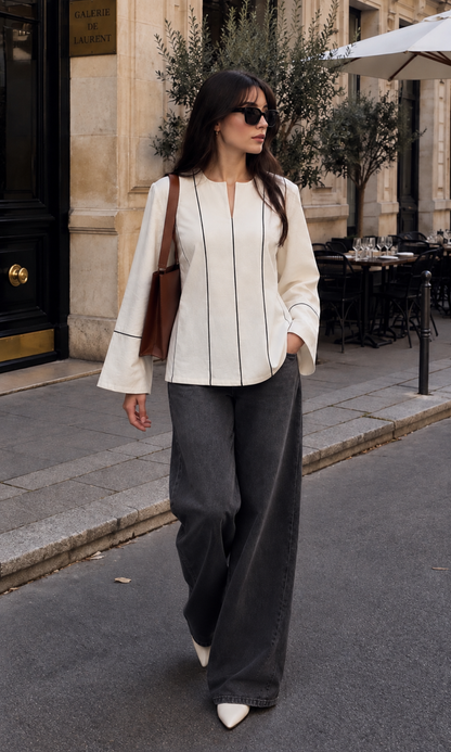 Contrast-Piped Ivory Blouse