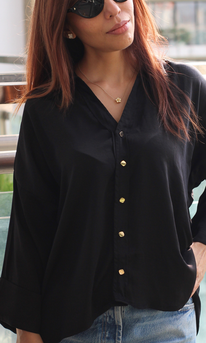 Black Sleeved Metallic Buttoned Shirt