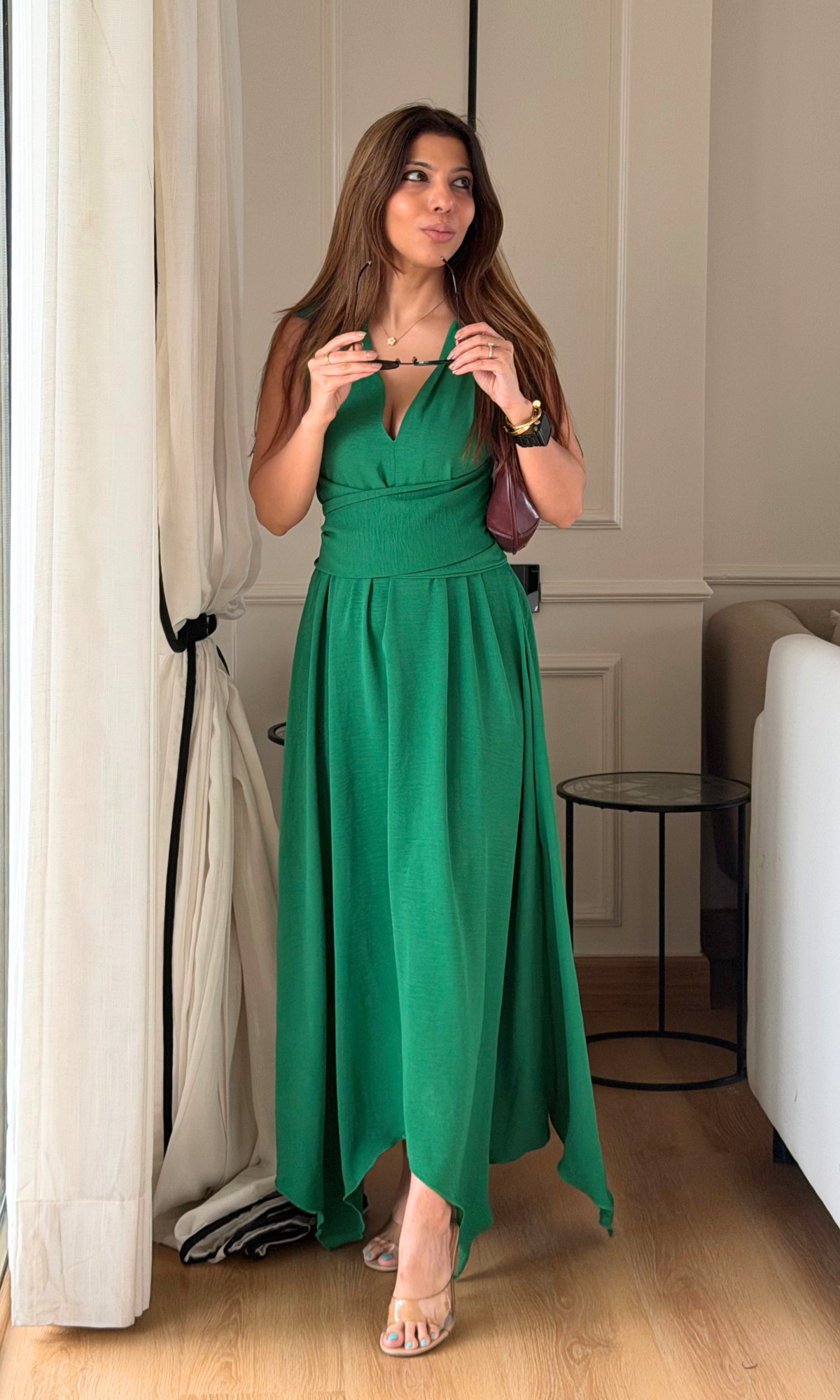Green Wrap Handkerchief Hem Midi Dress