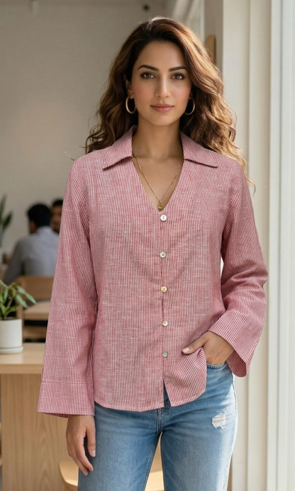 Red Stripe Flared Sleeves Shirt