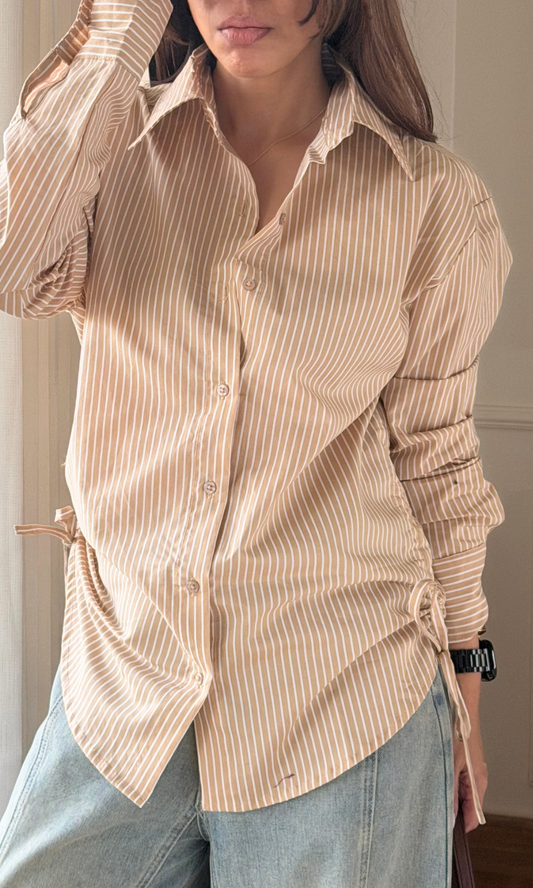 Beige Taupe Stripes Drawstring Shirt