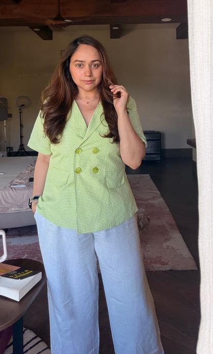 Lime Gingham Double-Breasted Half sleeves Blazer