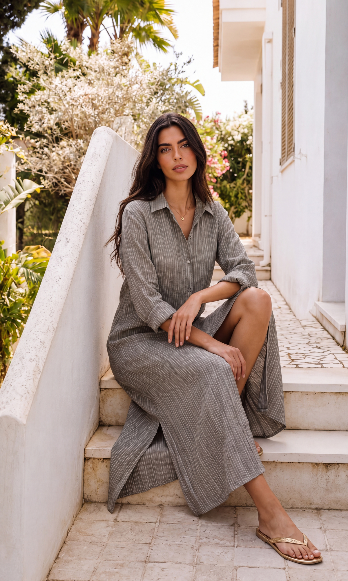 Taupe Striped Shirt Dress