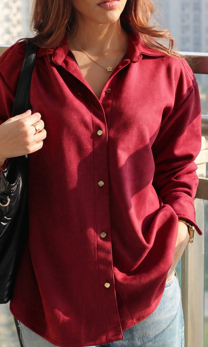 Red Suede Metallic Buttoned Shirt