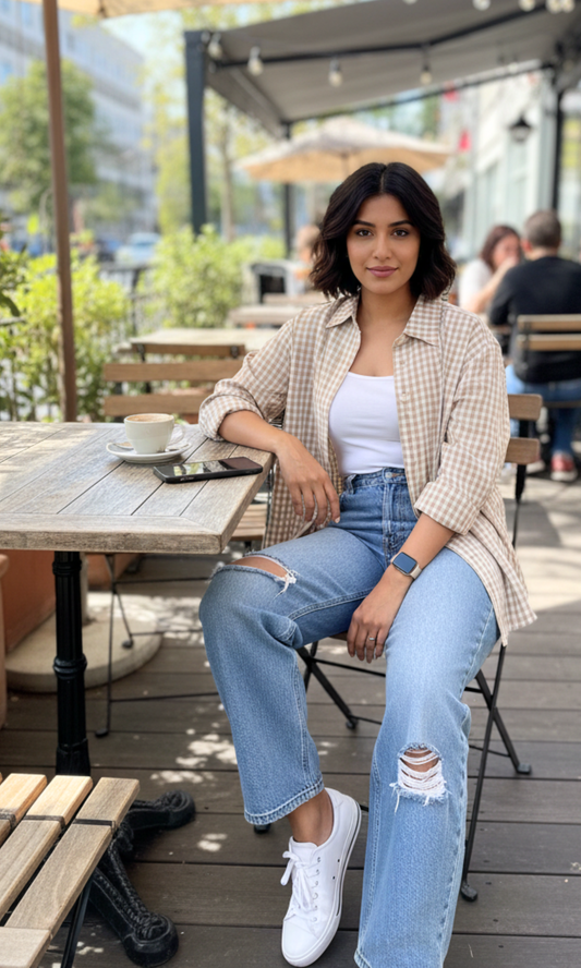 Gingham checked women’s shirt in biscotti/cream color with full sleeves, classic collar and graphic check design — versatile for casual styling.