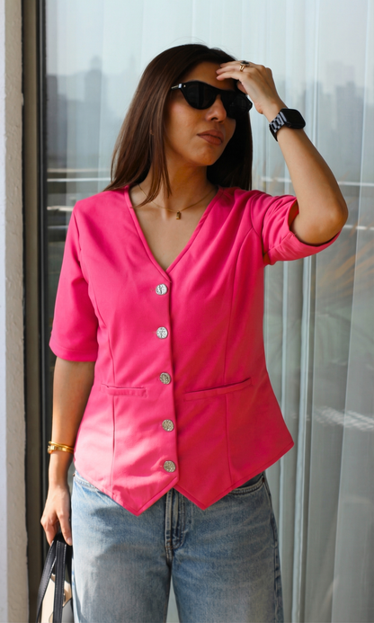 Hot Pink Sleeved Metallic Buttoned Waist Coat