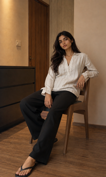 Khaki Striped Dolman Sleeve Popover Blouse