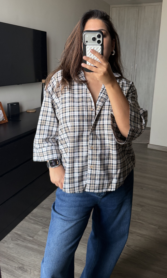 Beige-Black Flared Sleeved Shirt