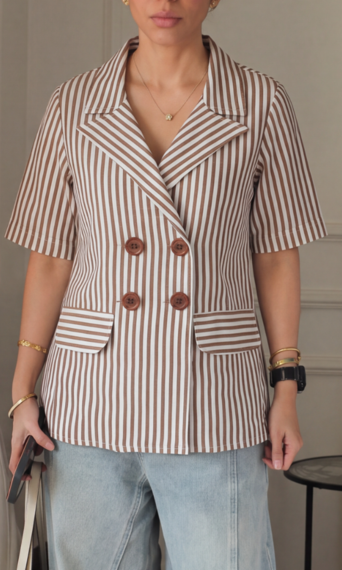 Camel Stripe Half-Sleeve Blazer