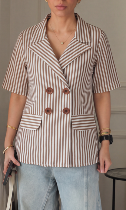 Camel Stripe Half-Sleeve Blazer