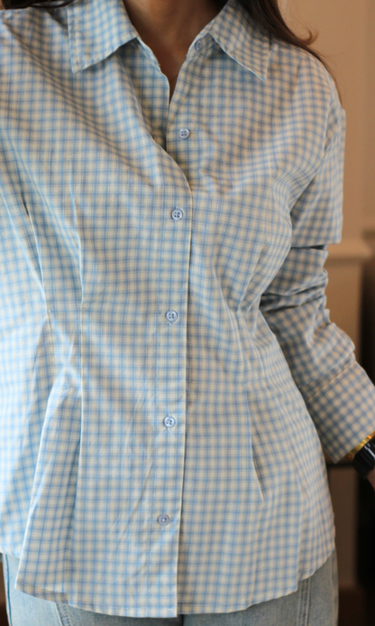 Powder Blue Check Peplum Pleated Shirt