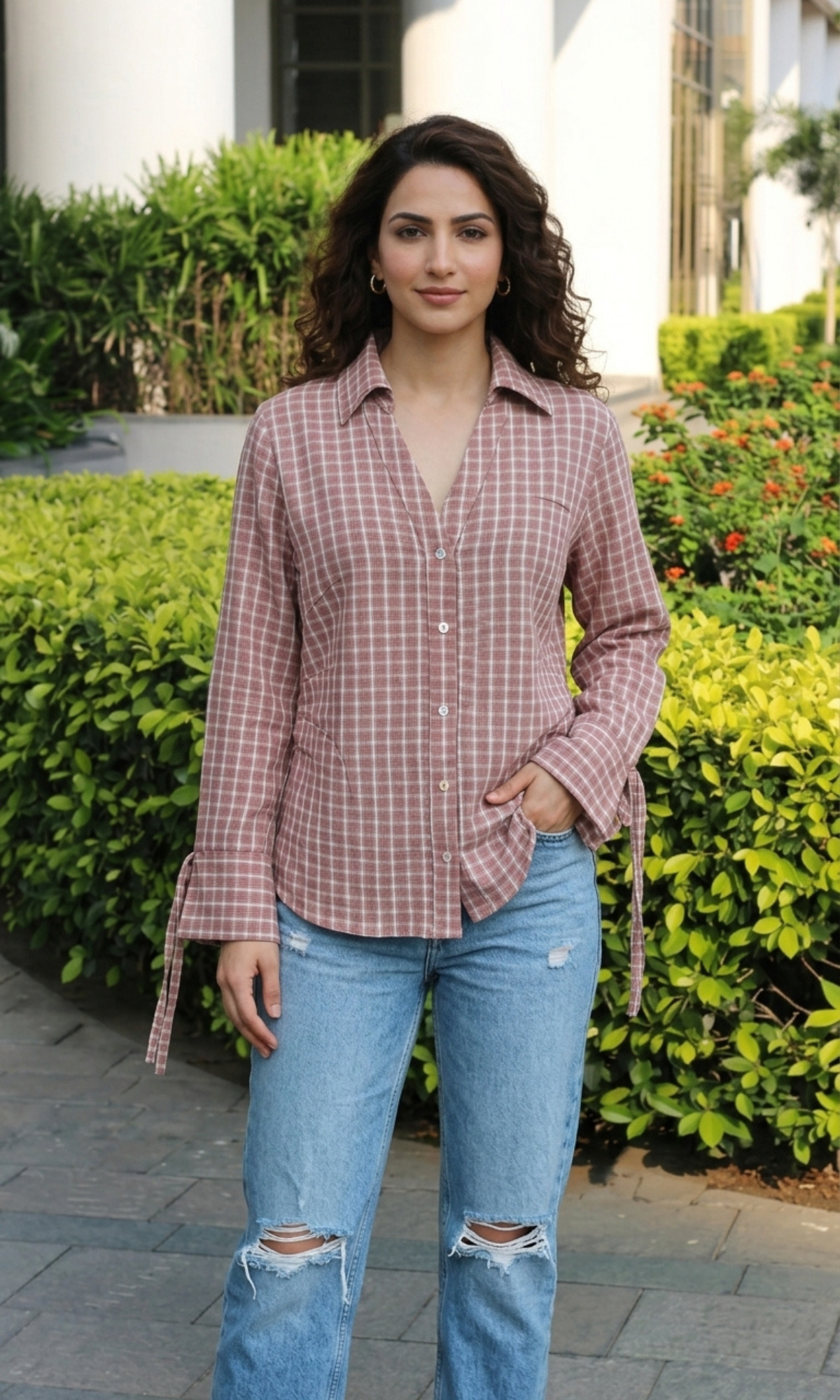 Rose Checked String Detail Cotton Shirt