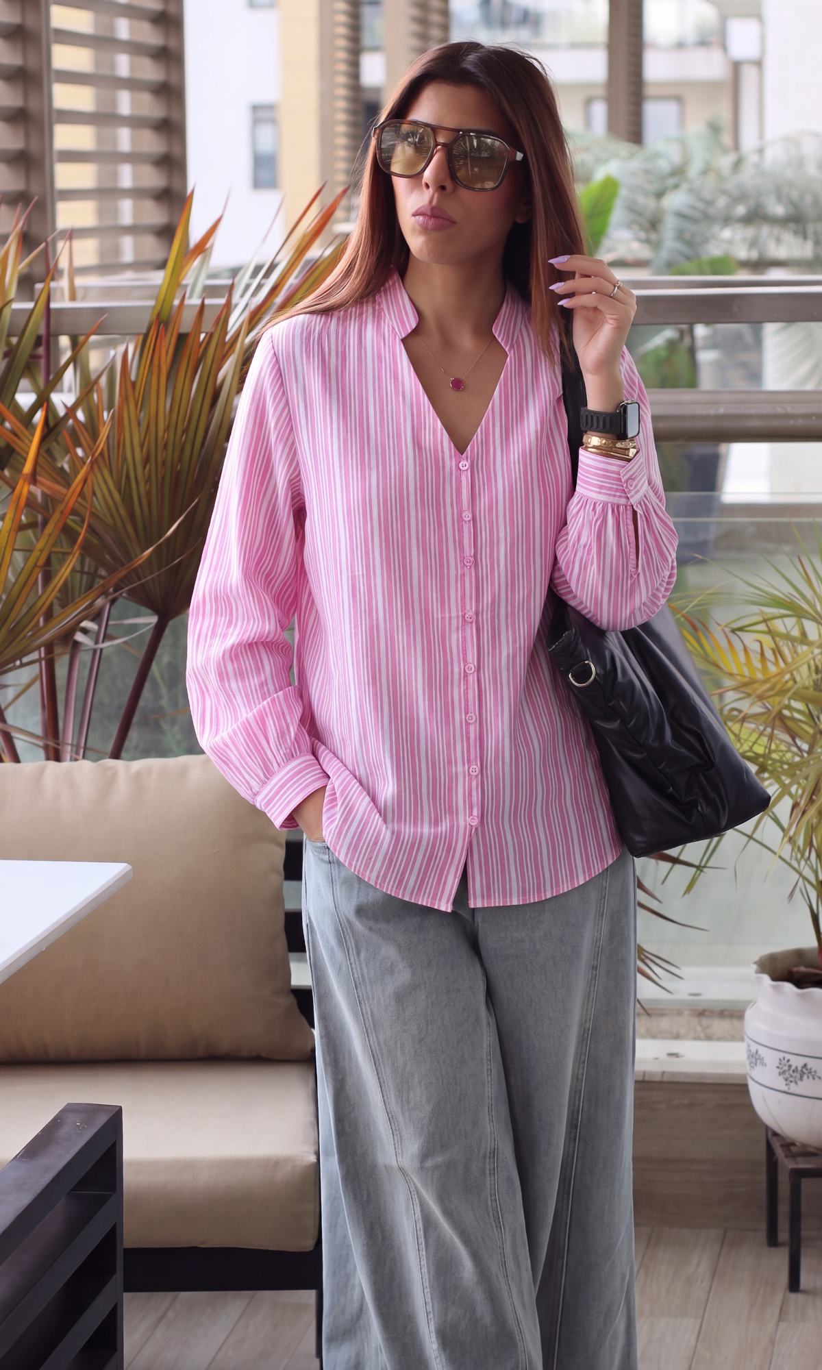 Rose Stripe Gathered-Collar Bishop Sleeve Shirt