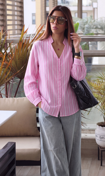 Rose Stripe Gathered-Collar Bishop Sleeve Shirt