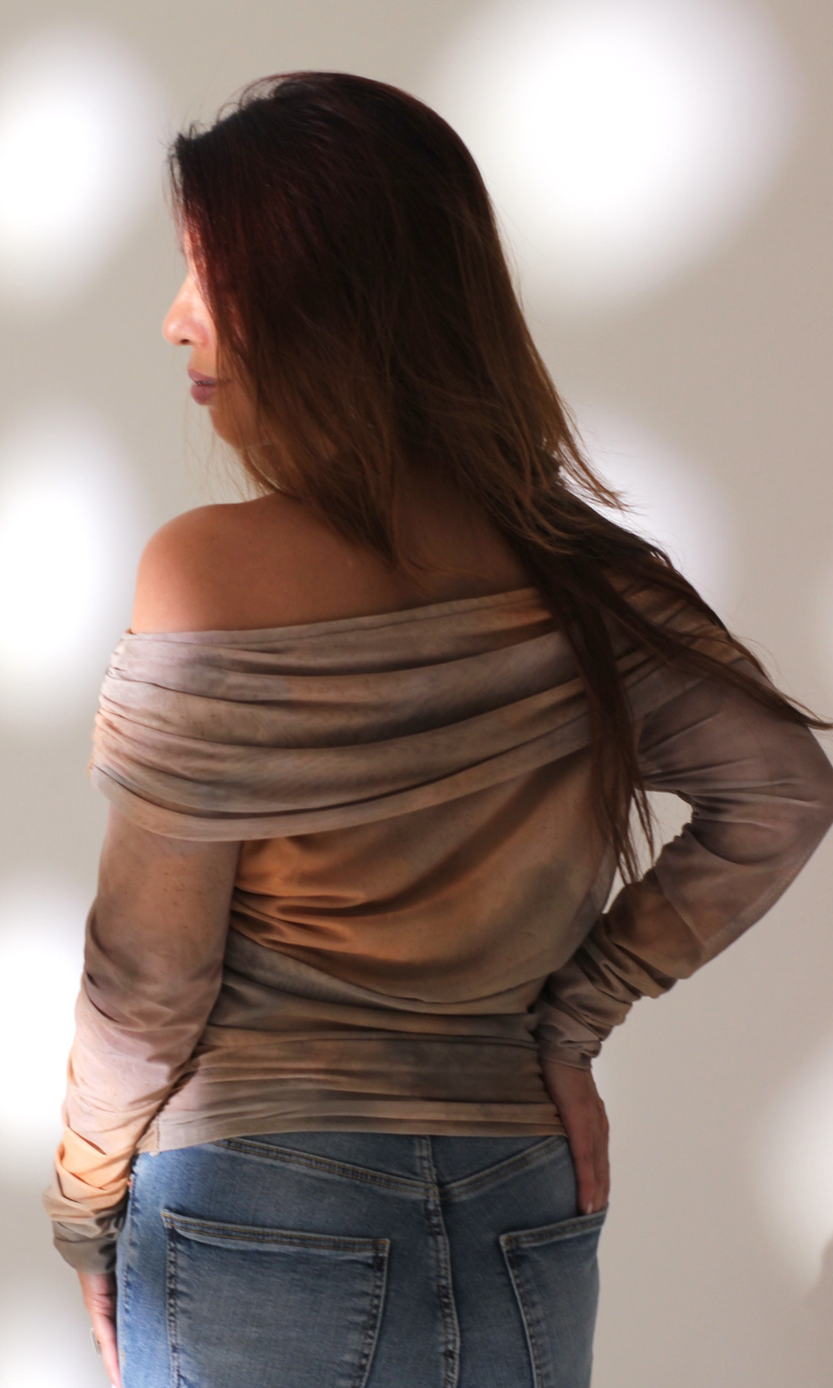 Beige Symphony Off-Shoulder Tulle Top