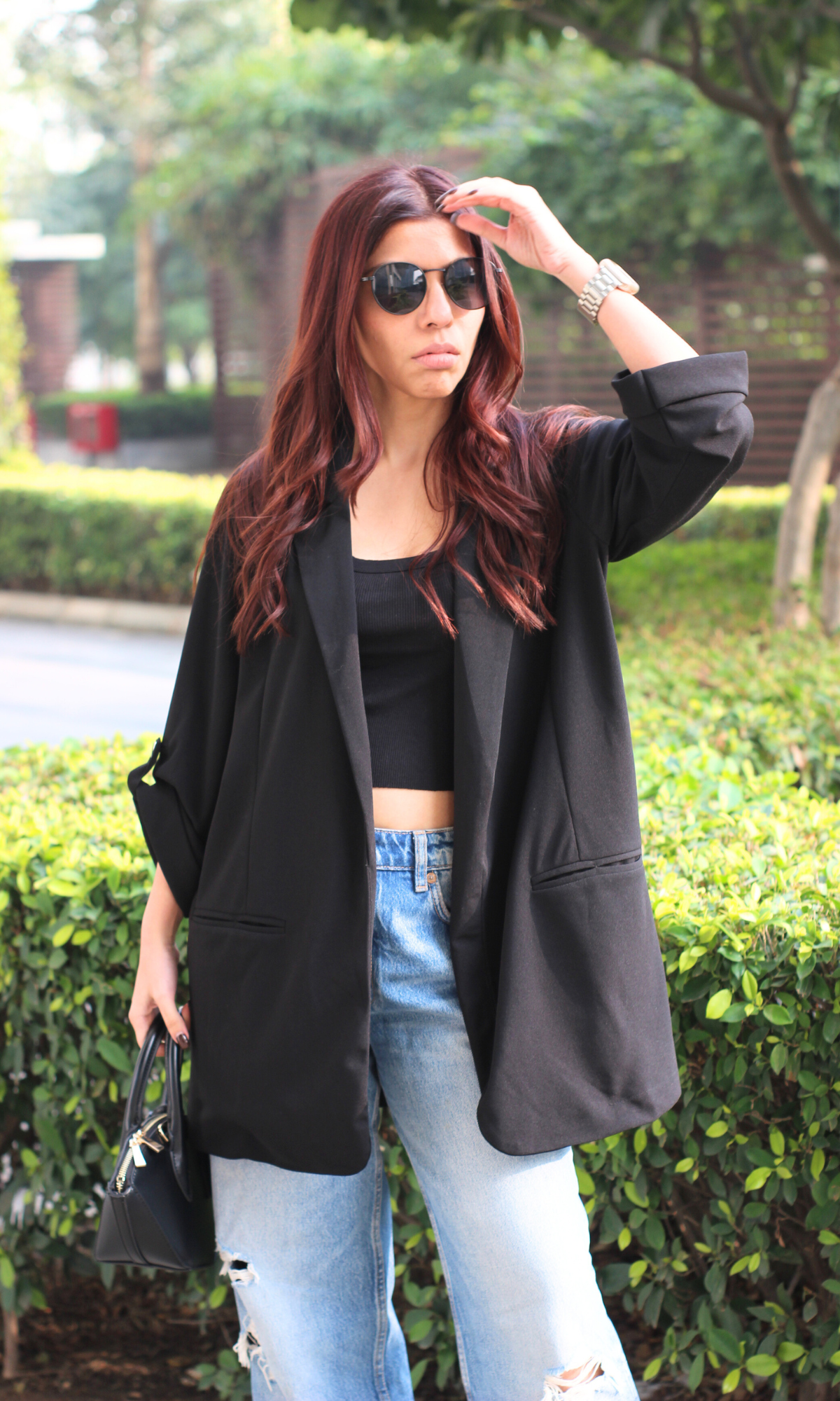 Black Rolled-Up Sleeve Blazer Jacket