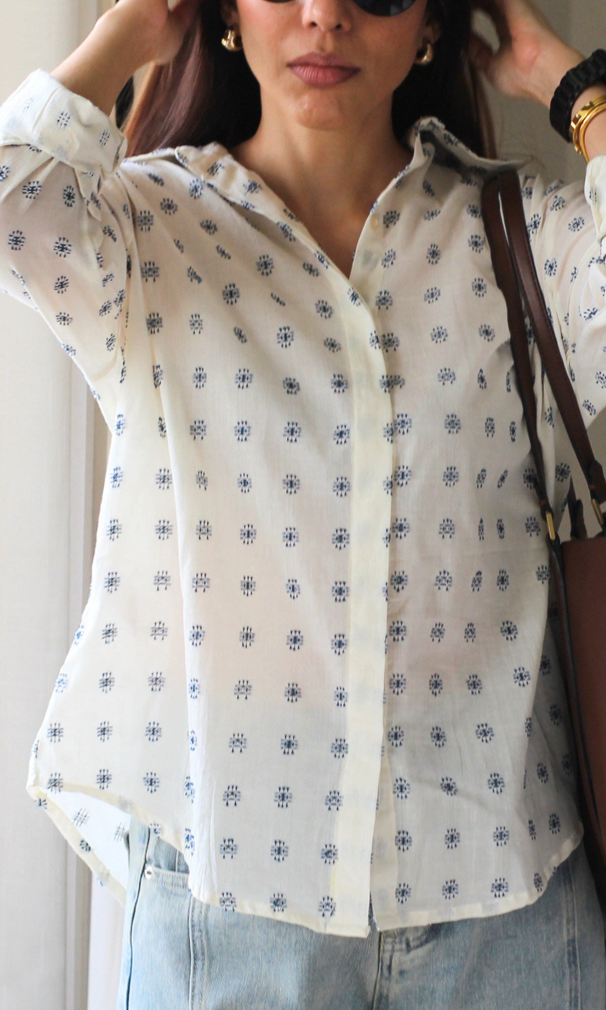 Ivory & Navy Cotton Weave Oversize Shirt