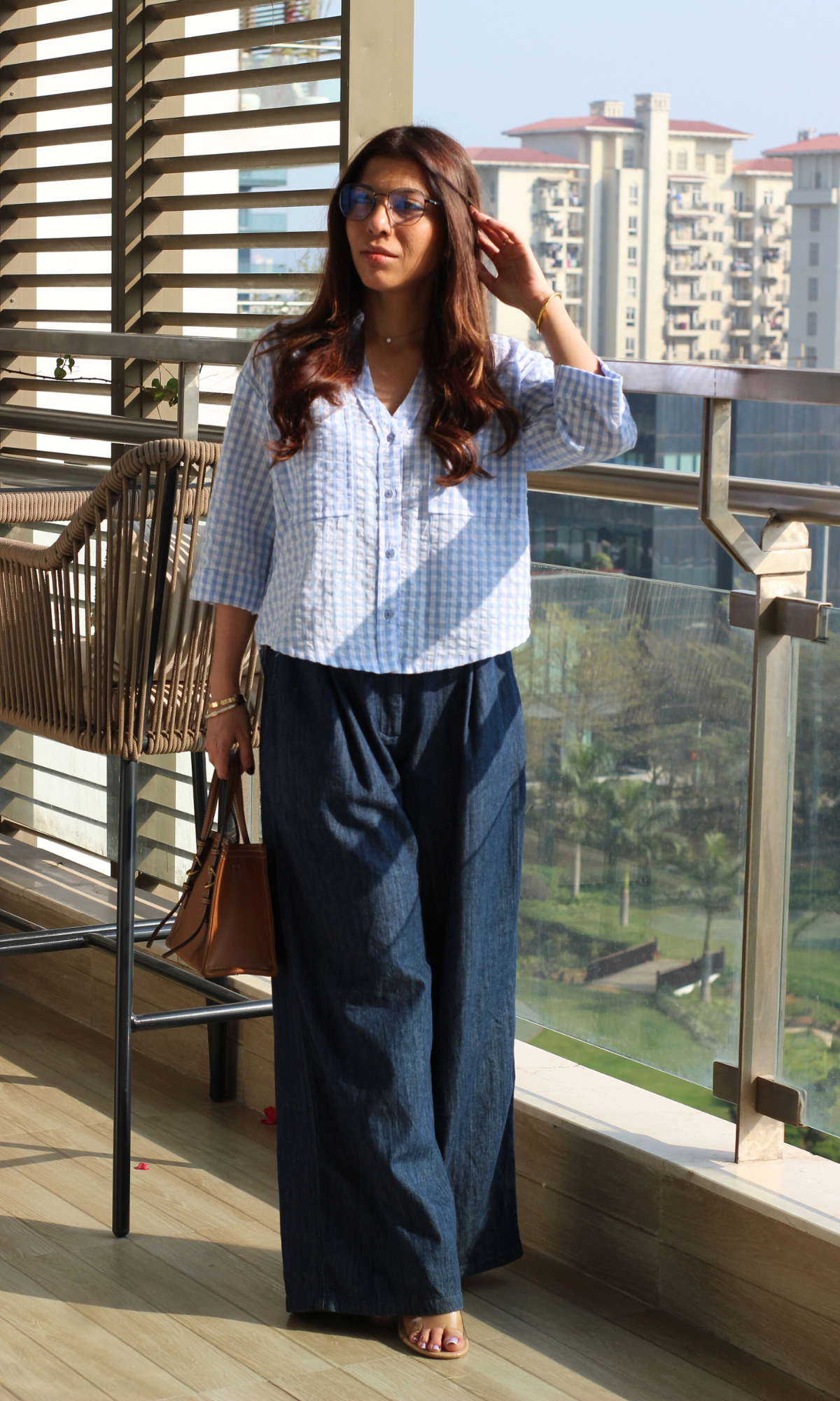 Blue Gingham Check Cropped Shirt