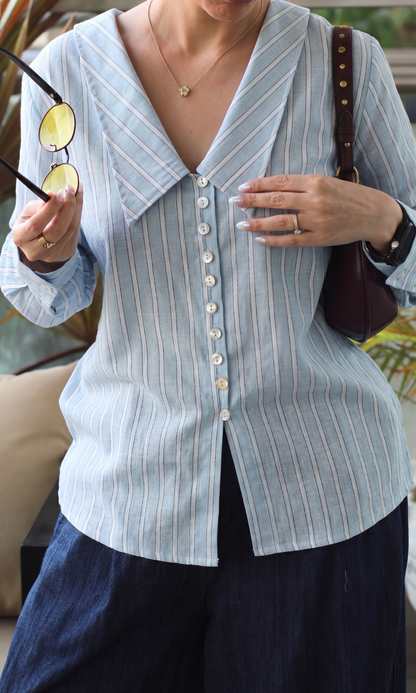 Sky Blue Stripe Oversized Collar Top