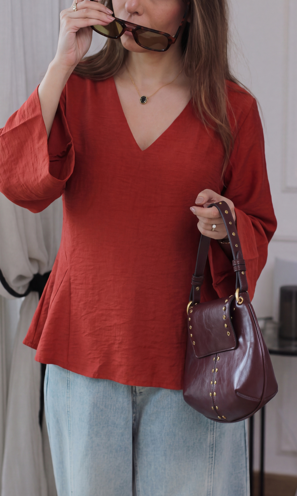Red V-Neck Peplum Top